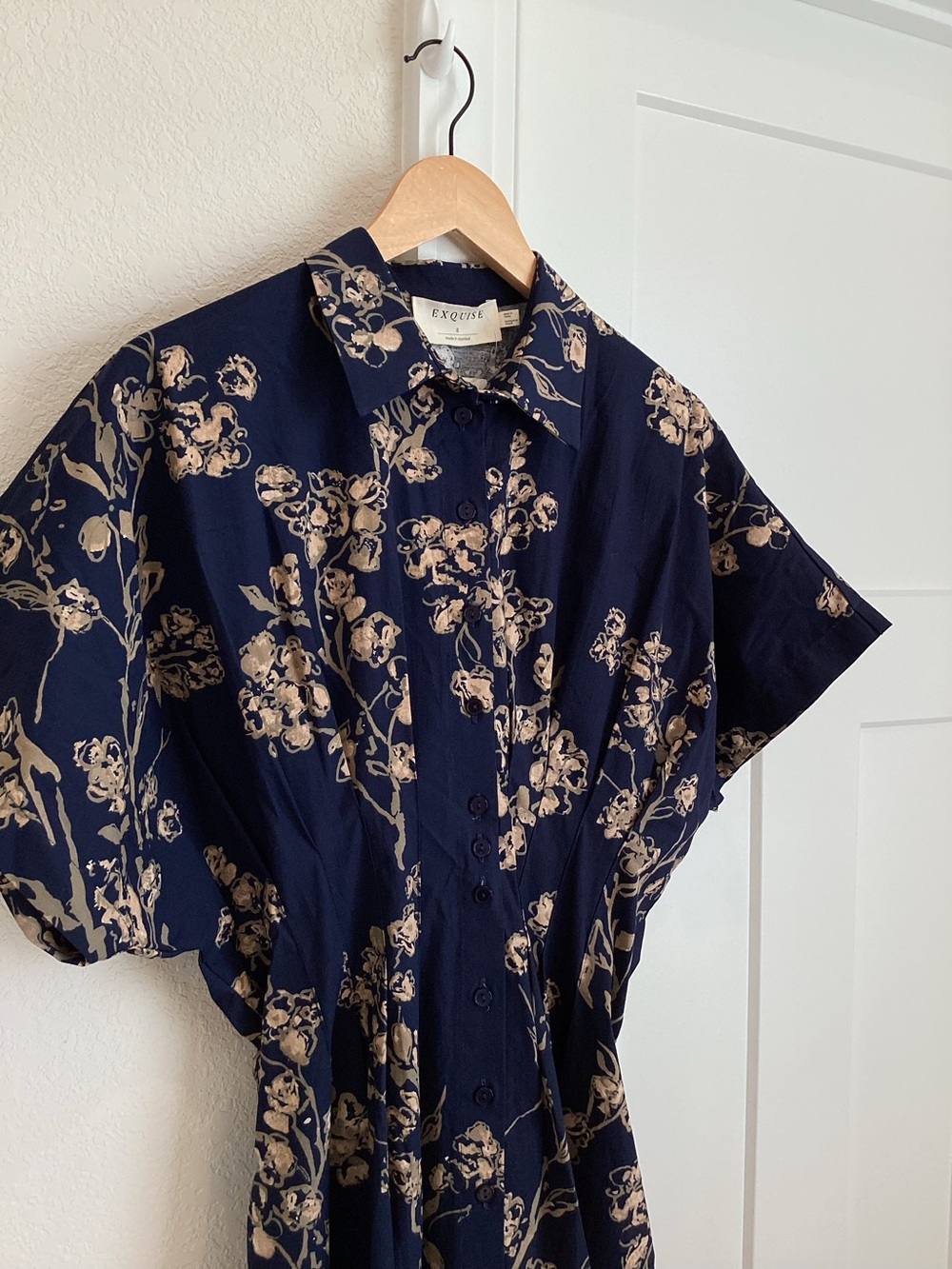 Exquise Tobie Short-Sleeve Midi Shirt Dress NEW Navy Blue Floral Anthropologie - Picture 9 of 15
